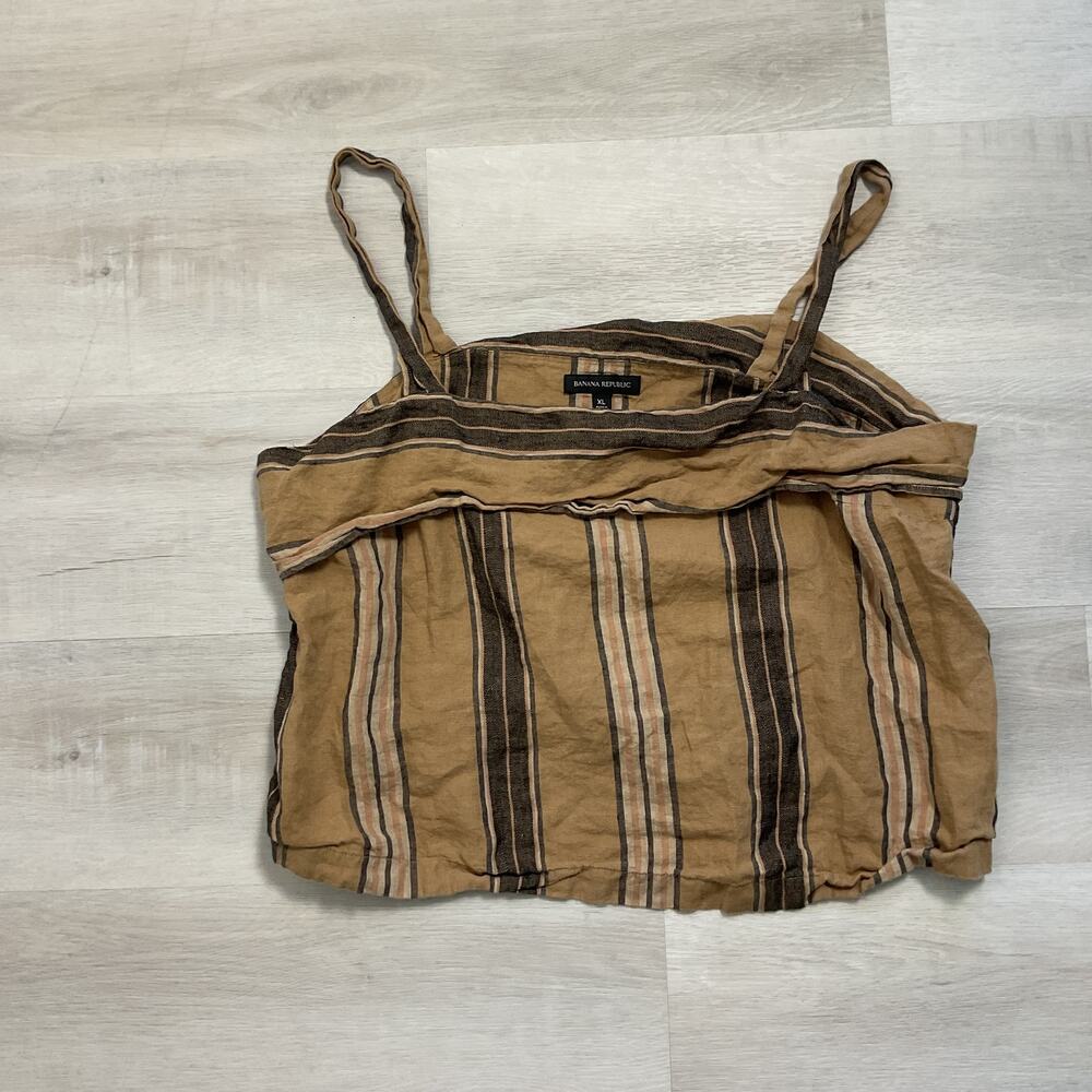 Banana Republic Mia Square Neck Crop Top Brown Stripe Linen Womens XL